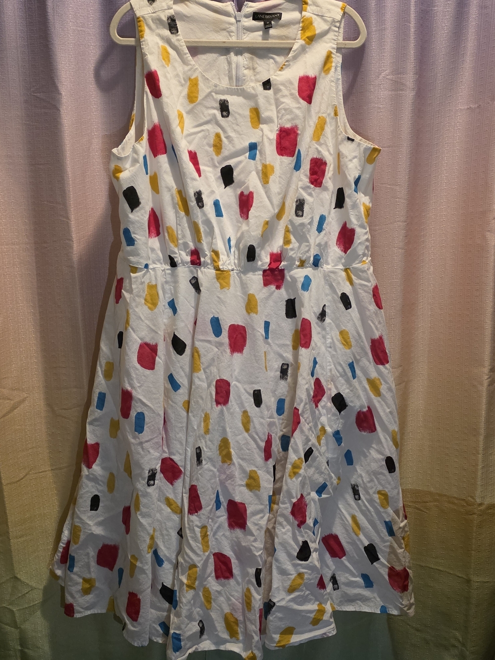 Lane Bryant White Midi Dress with Pink, Yellow, Blue & Black Paint-Block Print